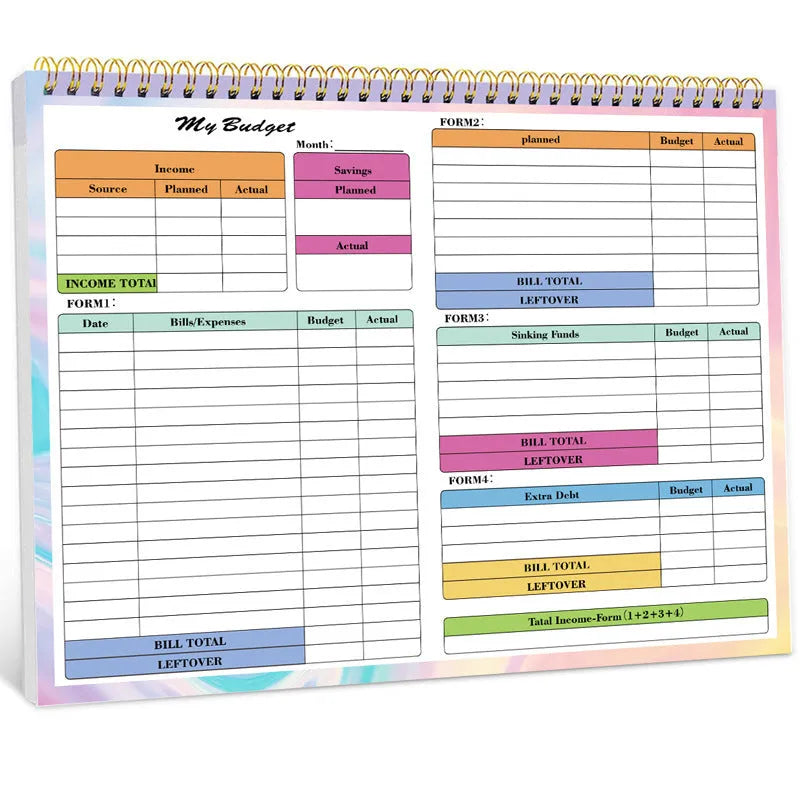 B5 size blue spiral bound budget notebook with PP cover for recording income and expenditure.