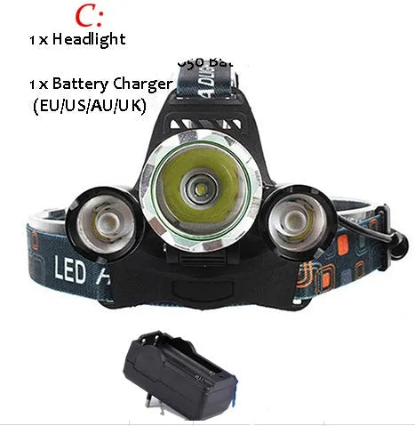 Aluminium alloy rechargeable headlamp with adjustable headband and focused Hawkeye lens.