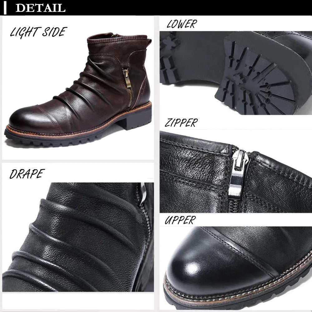 Brown mid-calf Martin boots with side zipper, embossed pattern, and a rubber sole with a mid-heel.