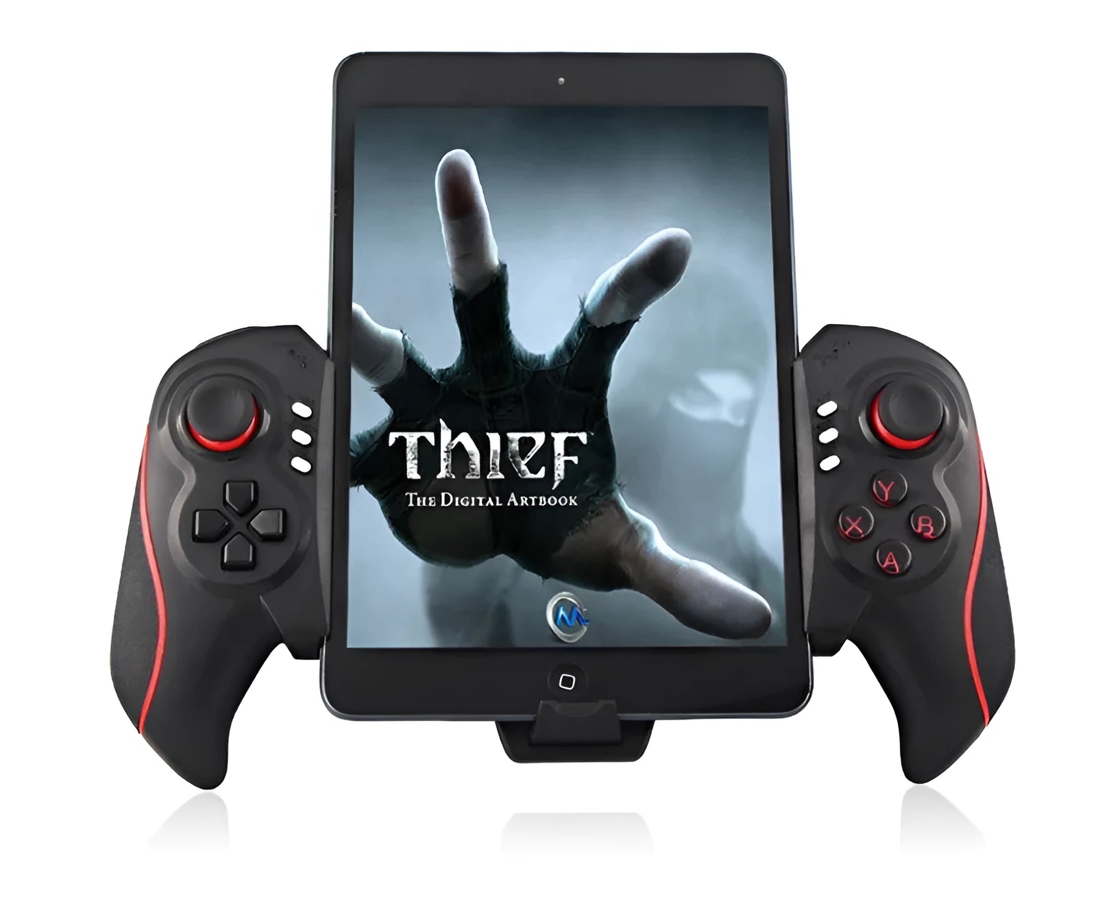 Wireless telescopic gamepad controller extended with smartphone showing ABS construction and control buttons