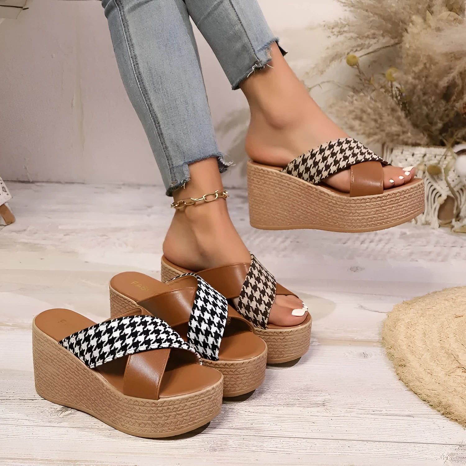 Casual brown plaid wedge sandals with a cross leopard pattern and a rubber sole.