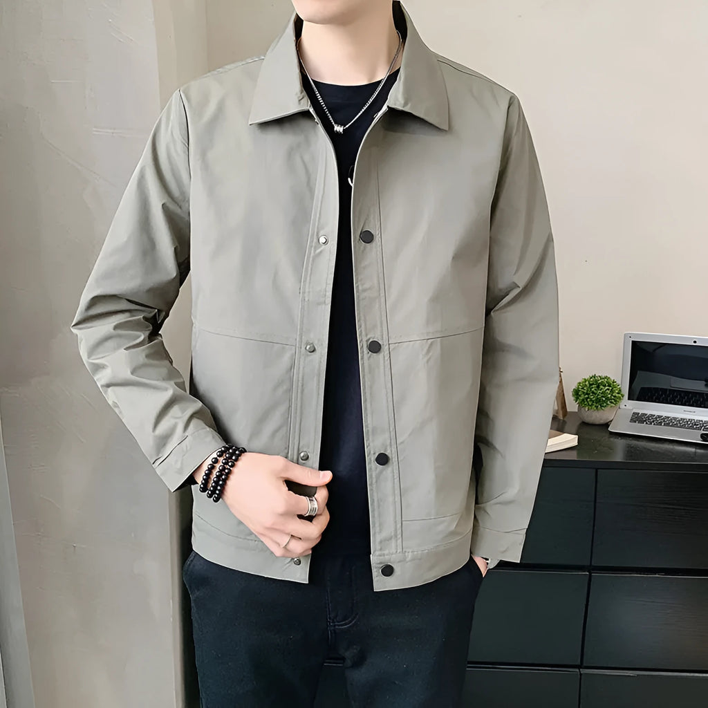 Korean style men's single-layer thin polyester jacket in light gray, shown on a model.