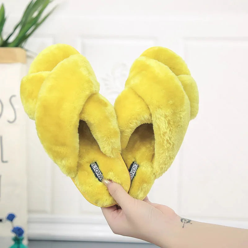 Cross open-toe fur slippers in pink with textured fur and patterned anti-slip sole.