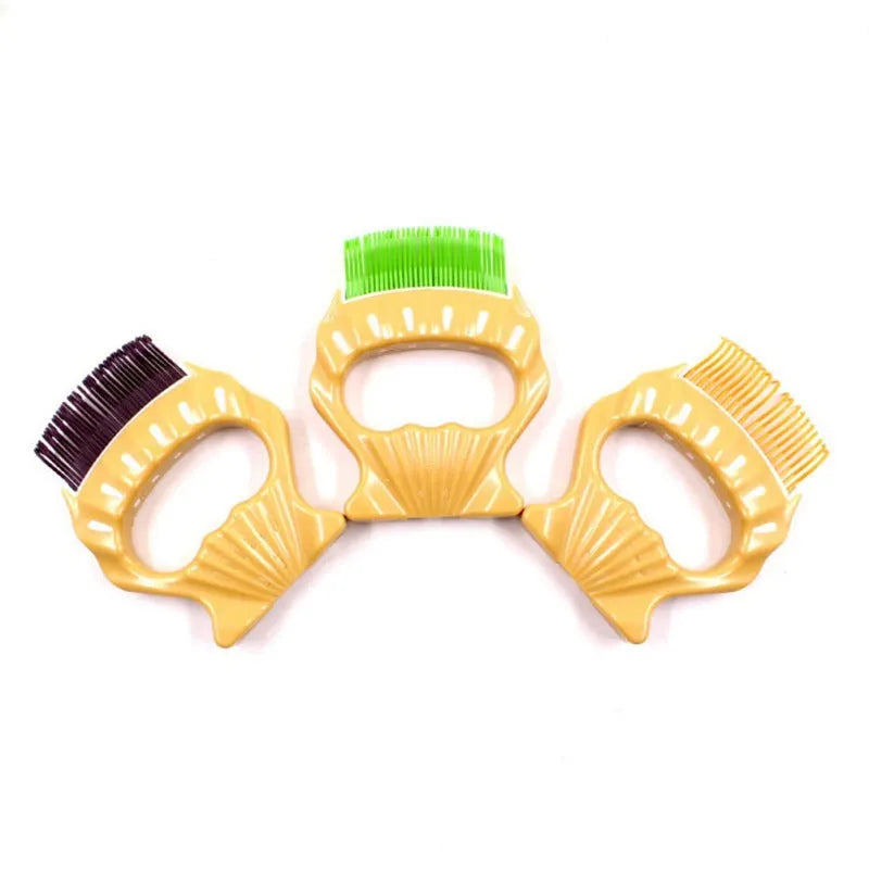 Shell-shaped plastic pet grooming brush with bent wire bristles and anti-slip handle