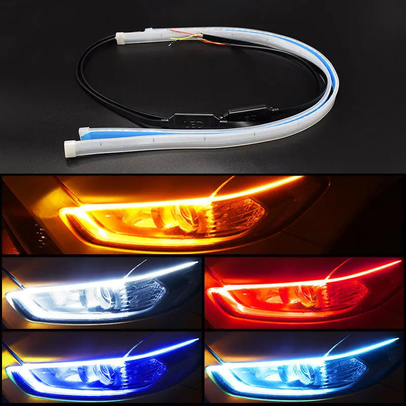 Blue and yellow LED car light strip installed on a vehicle headlight