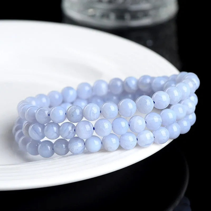 Blue agate bracelet with multi-circle pattern and scattered beads, natural stone jewellery