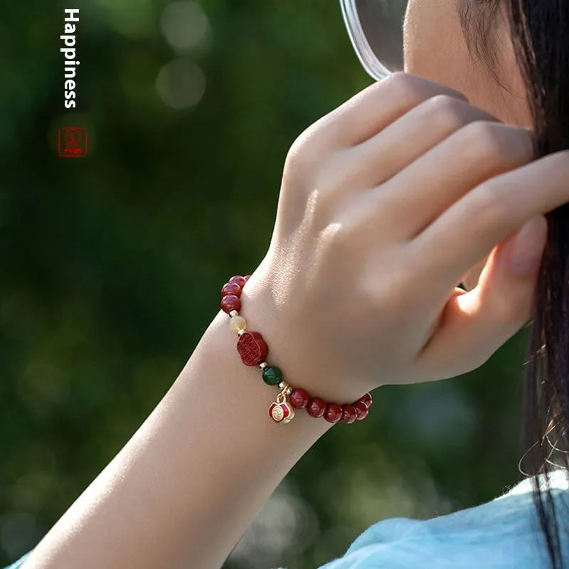 Emperor Sandstone Happy Eyebrow bracelet with Fu charm in New Chinese Style.