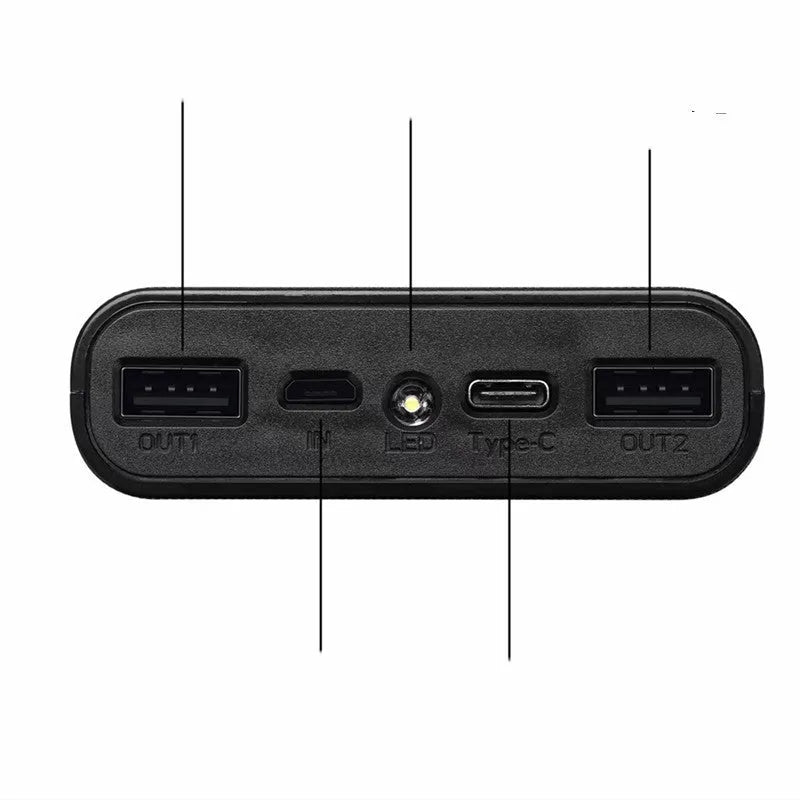 Digital display power bank kit with black plastic shell and multiple USB charging ports