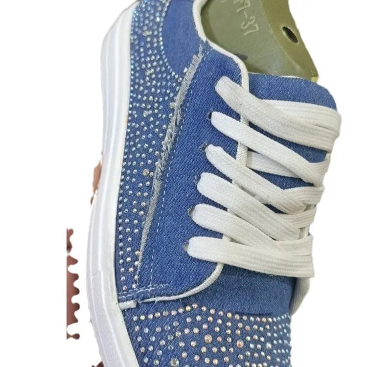 Women's black casual sports shoes with rhinestones, thick rubber sole, and front lace-up