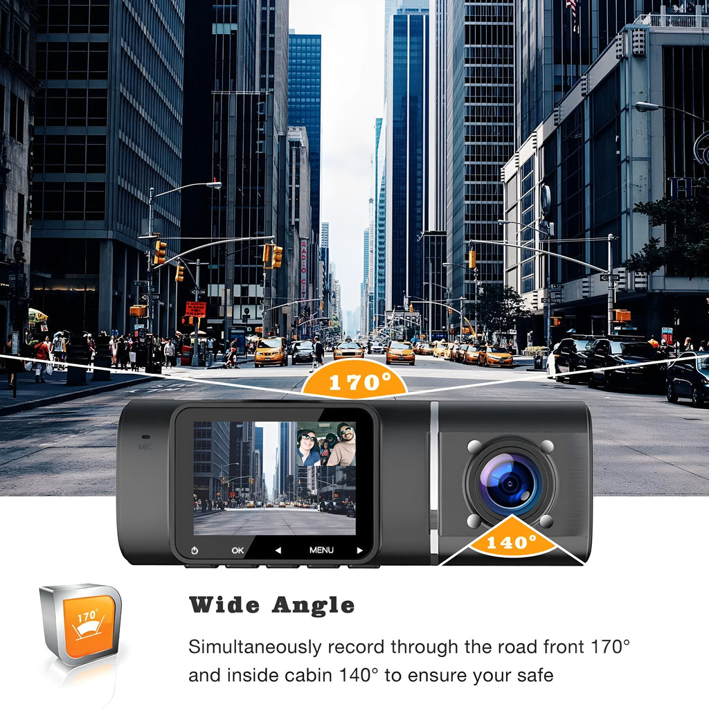 Black 1080p dual recording car dash camera with 1.5 inch screen on a windscreen stand.