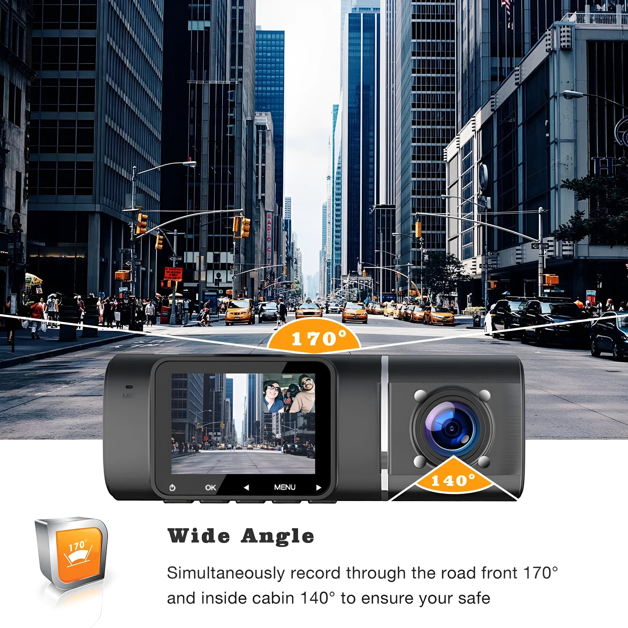 Black 1080p dual recording car dash camera with 1.5 inch screen on a windscreen stand.