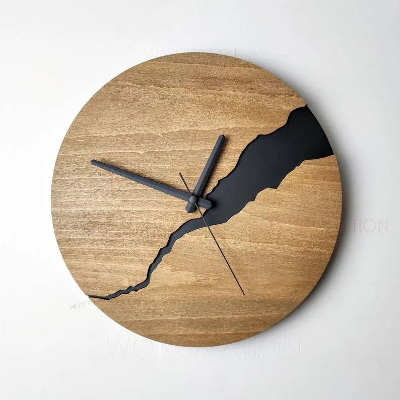 Simple wooden wall clock with creative cracked finish design in modern style