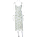 Blue lace flower print long dress with thin suspender straps and a front slit.