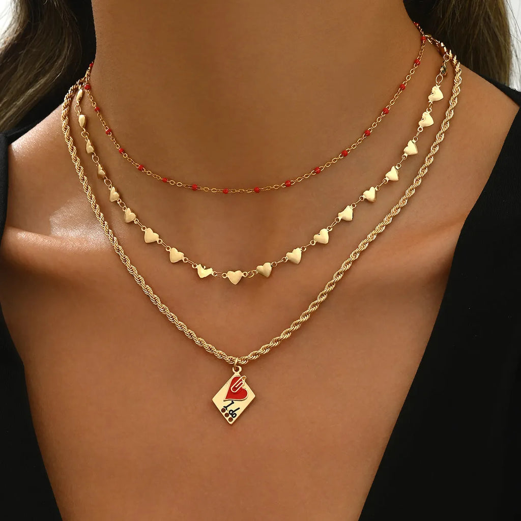 Three-layer geometric heart design clavicle chain necklace with adjustable length