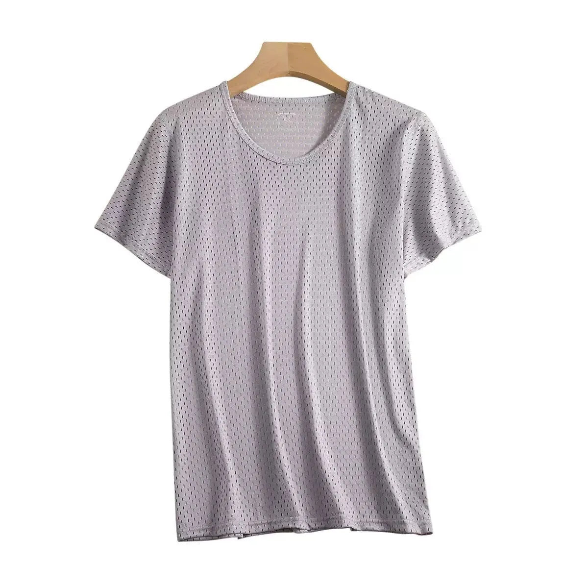 Man wearing a loose-fitting grey ice silk short sleeve crew neck T-shirt.