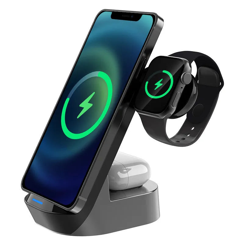Black grey foldable 3-in-1 wireless charger vertical stand showing phone, watch and headphone charging areas