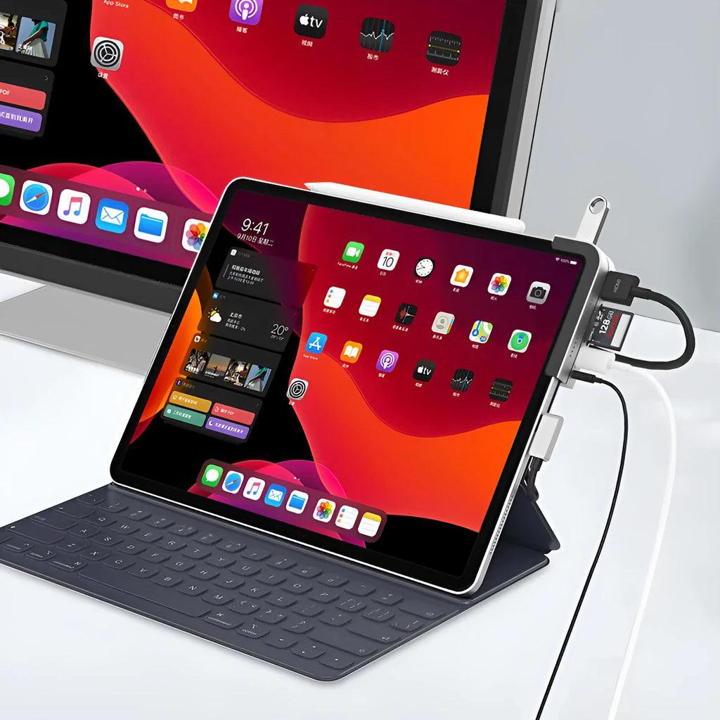 Silver aluminium grey USB-C docking station for iPad Pro with HDMI and USB ports
