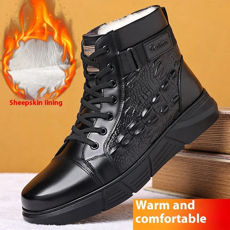 Black velvet style fur-lined snow boots with genuine leather upper and lace-up front design