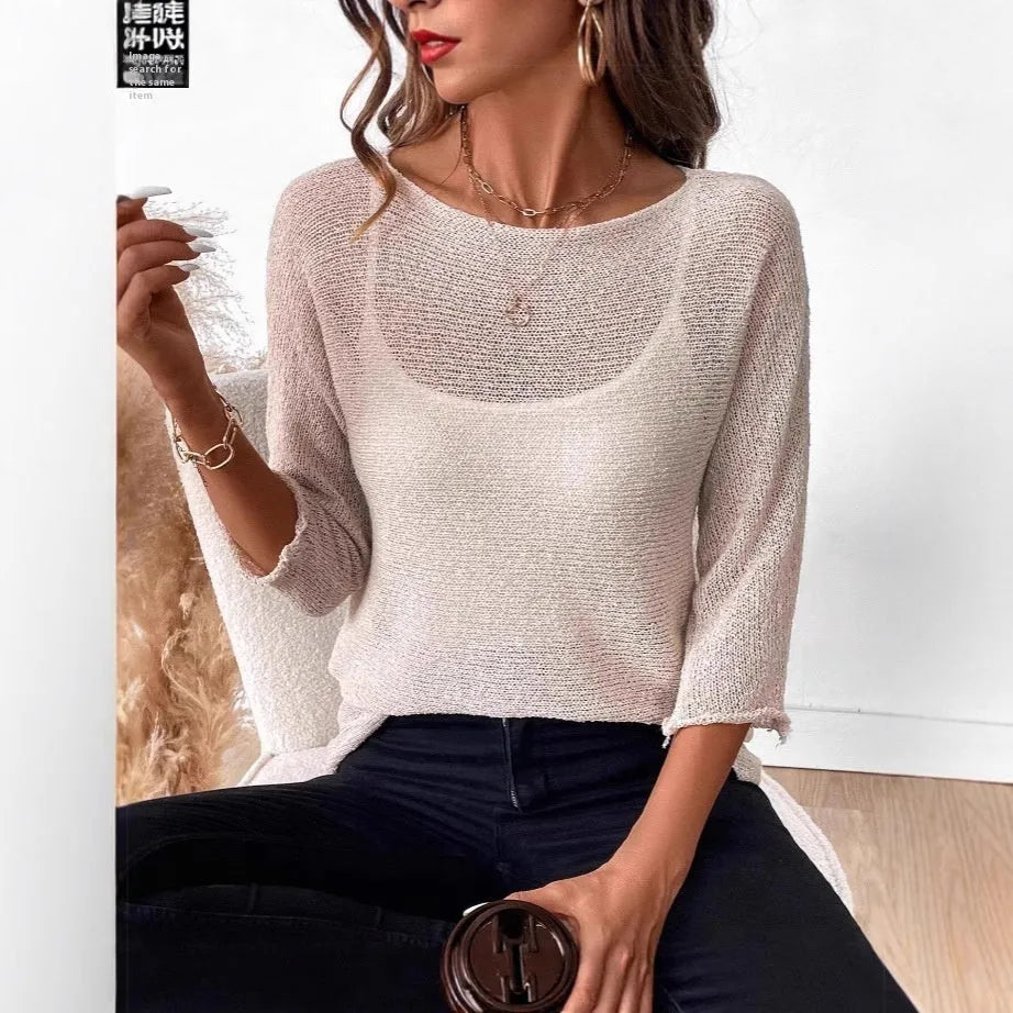Women's off-shoulder knitted overall in thin polyester fabric with 3/4 sleeves and 3D pattern