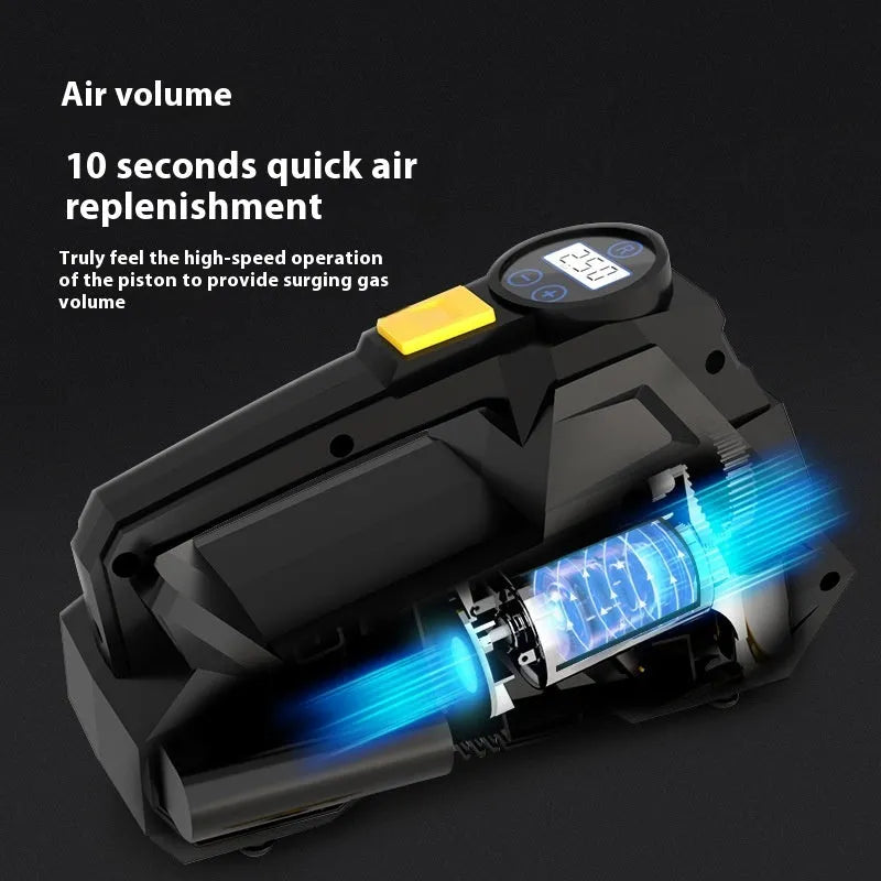 Black portable tyre inflator with digital display and LED light for vehicle use