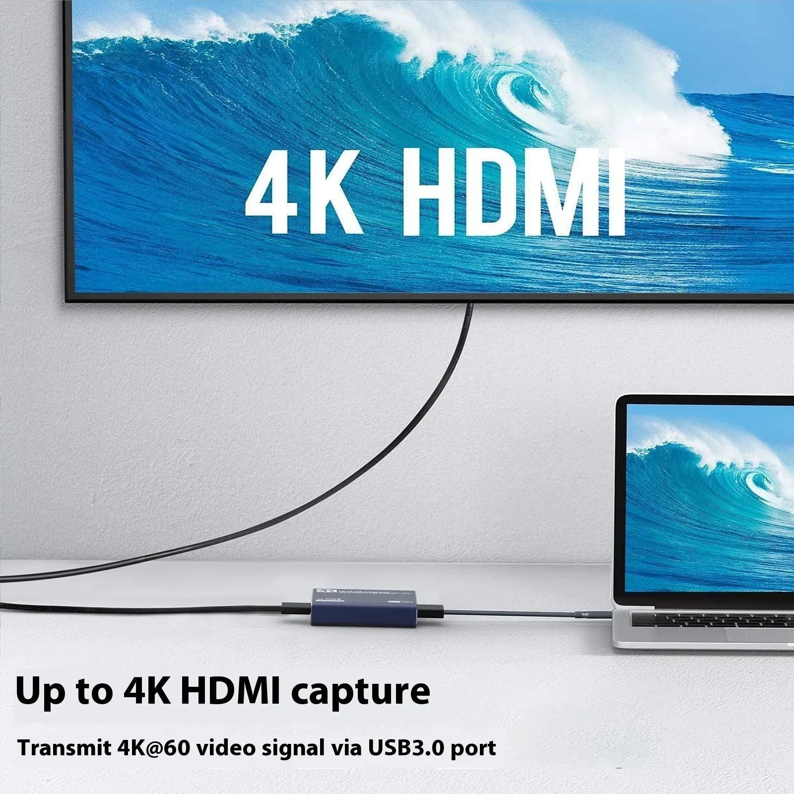 Black 4K gaming set-top box with audio recording function and MS2131 chip.