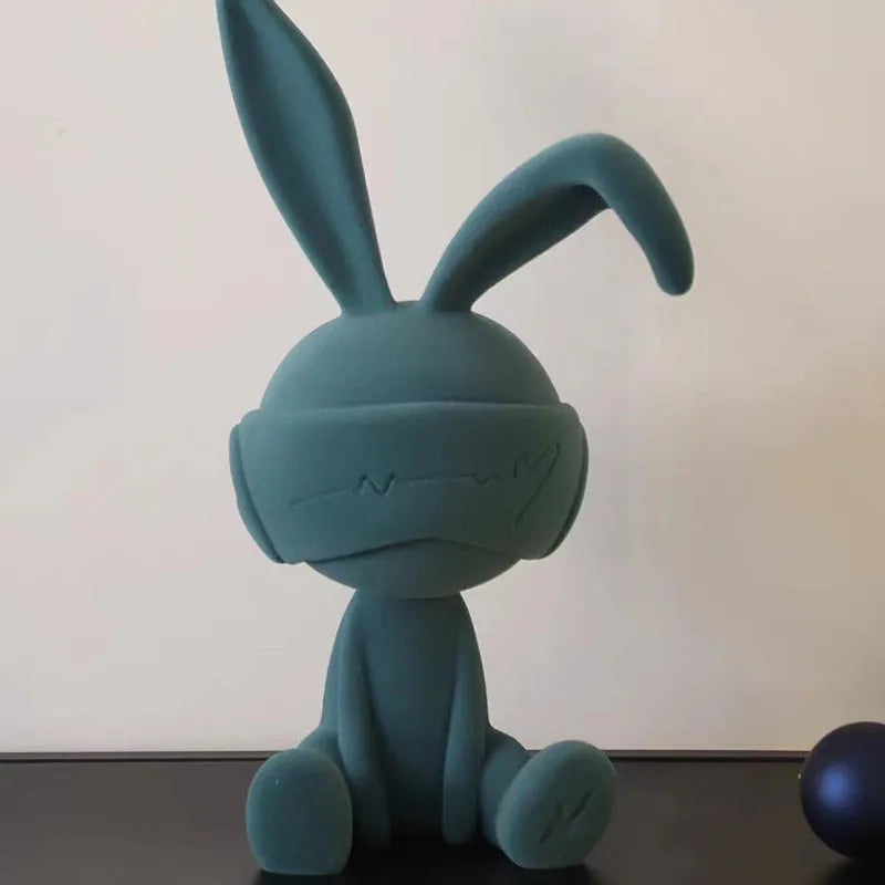 Suede blindfold rabbit resin table ornament in blue, green, or red colour