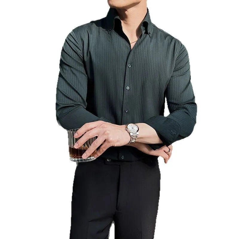 Men's dark striped V-neck long sleeve casual shirt in a polyester blend fabric.