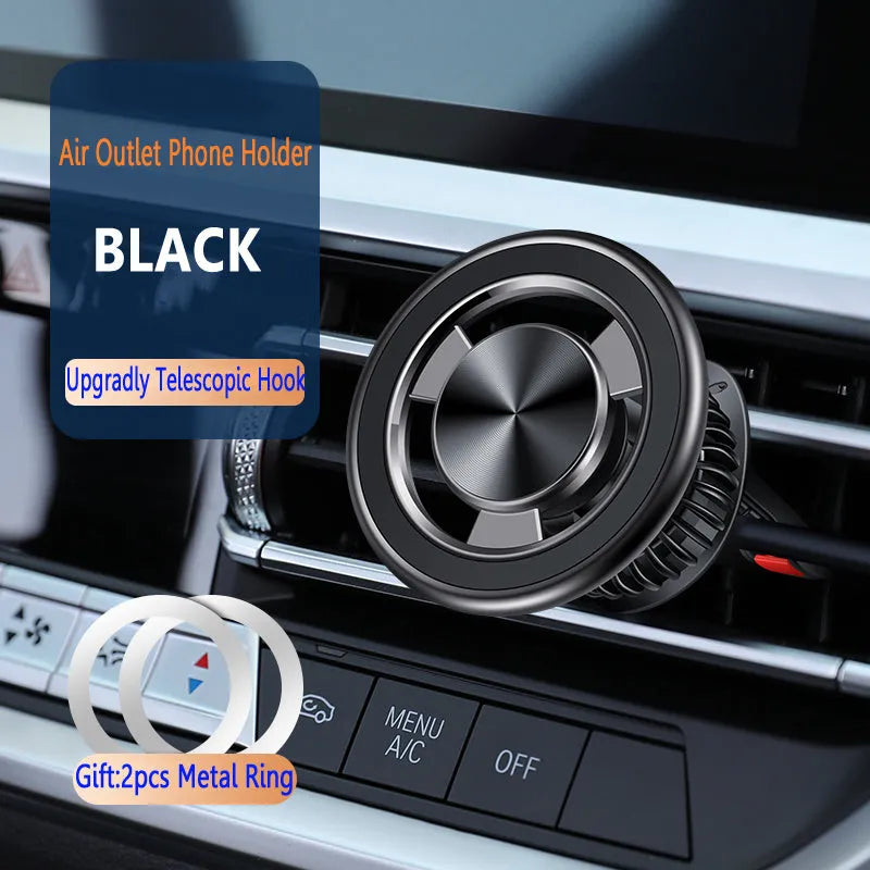 Car air vent magnetic phone holder with snap-on bracket in black and silver colour options