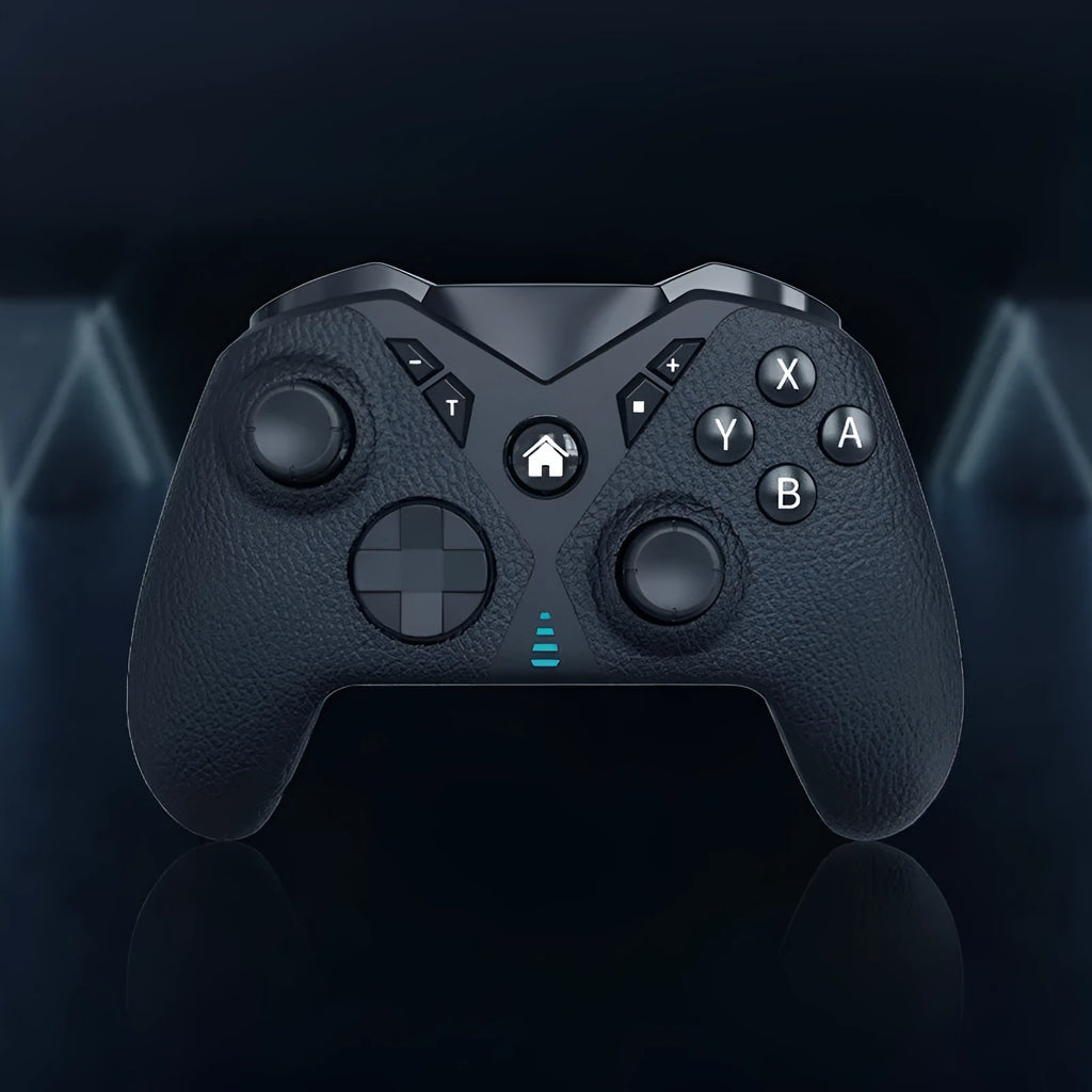 Black wireless game controller for Nintendo Switch with a leather-pattern texture on the grips.