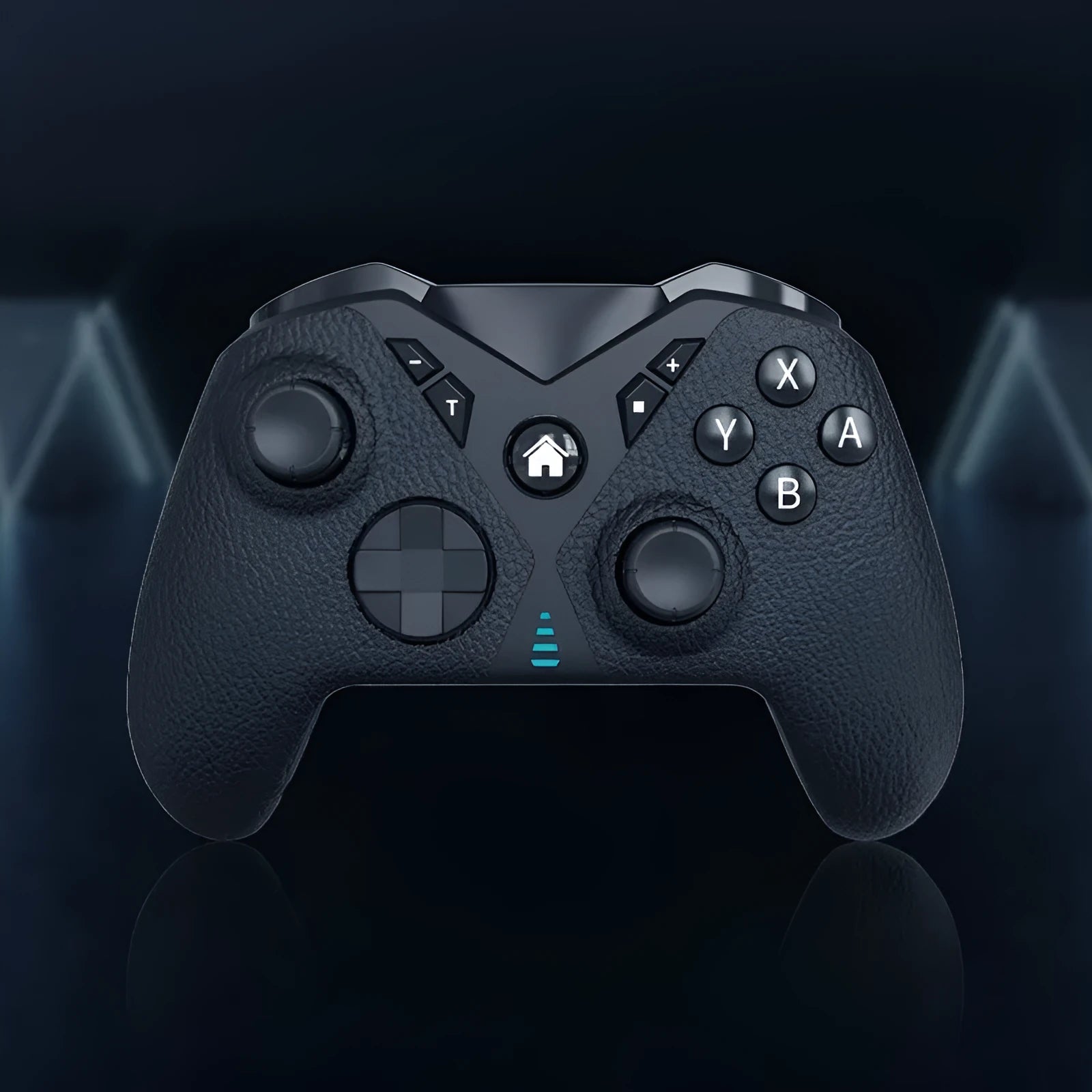Black wireless game controller for Nintendo Switch with a leather-pattern texture on the grips.