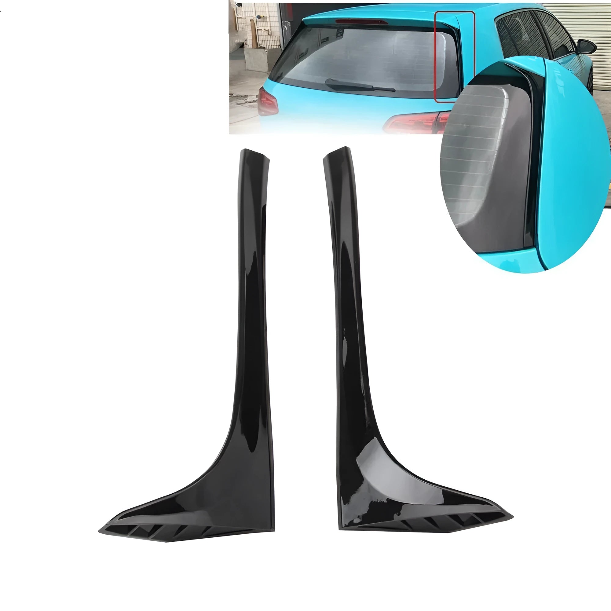 Black glossy and carbon grain rear window spoiler wings for Volkswagen Golf MK7 on a white background.