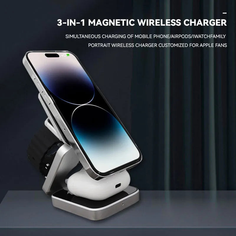 Three-in-one desktop wireless charging bracket for Apple, Samsung and Google Pixel devices with folding design