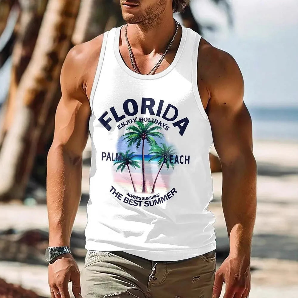 Men's Hawaiian style 3D printed sleeveless vest t-shirt in polyester fabric