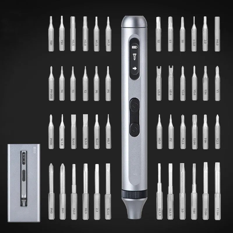 Compact aluminium handled precision electric screwdriver on a workbench.