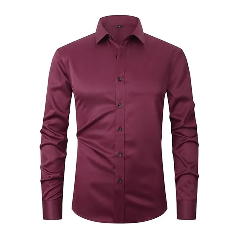 Men's stretch long sleeve work shirt in polyester fibre showing colour options and sizing details