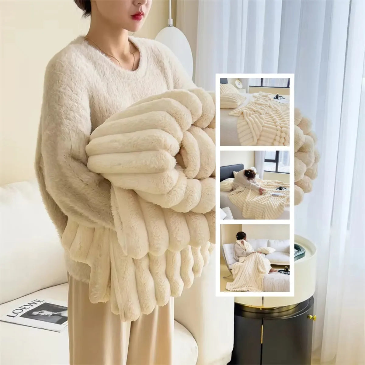 Soft Wind bubble velvet faux rabbit fur blanket in blue colour showing double-sided thickening texture