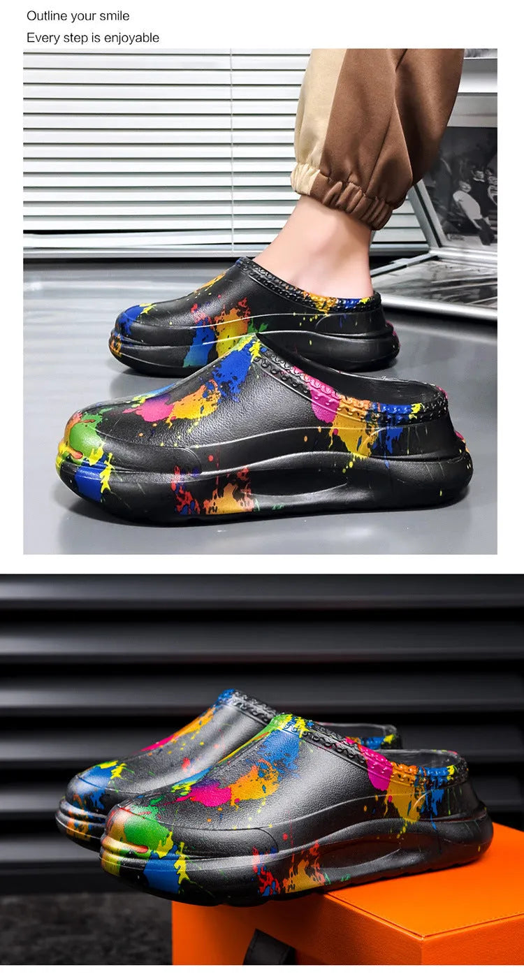 Men's black waterproof EVA work shoes with platform design and toe cap protection