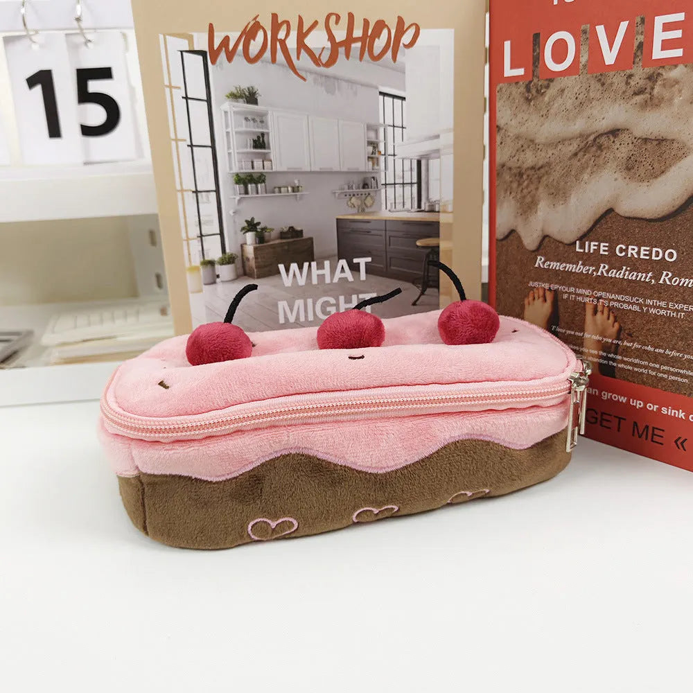 Red velvet pencil case with cherry cake print design and Korean style