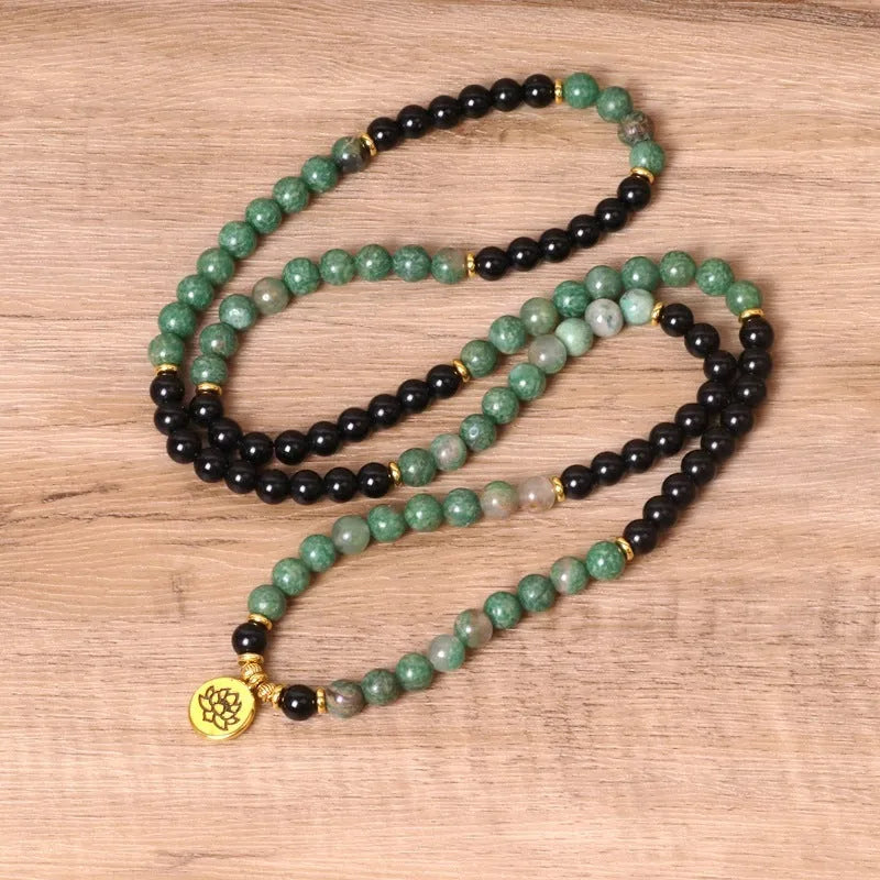 Green and black alloy beaded long bracelet with elastic stretch band