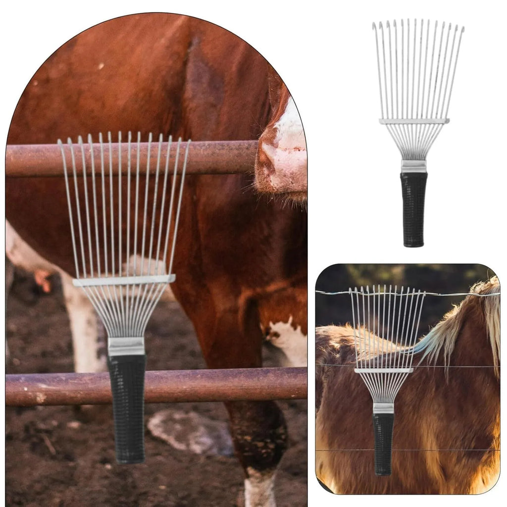 Black stainless steel pet grooming rake comb with curved teeth, shown on a plain background.