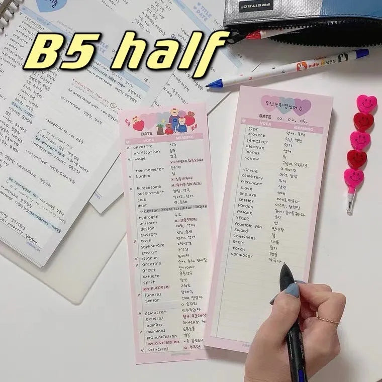 B5 half size notepad with vertical double-sided English words printing in pink, purple or blue cover