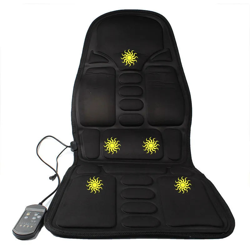 Black heating massage mat with infrared function and adjustable speed control on seat cushion
