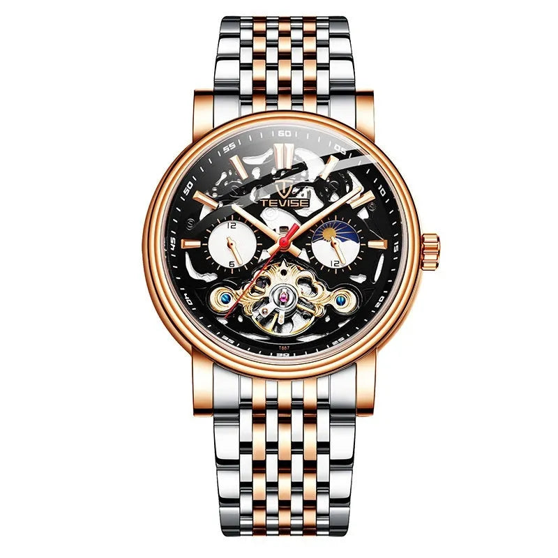 Men's casual tourbillon mechanical watch with luminous dial and waterproof case in rose black colour.
