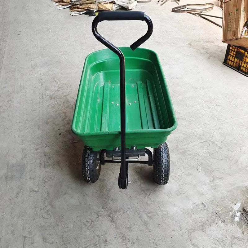 Green four-wheel plastic dump truck with steel frame and 940 mm length