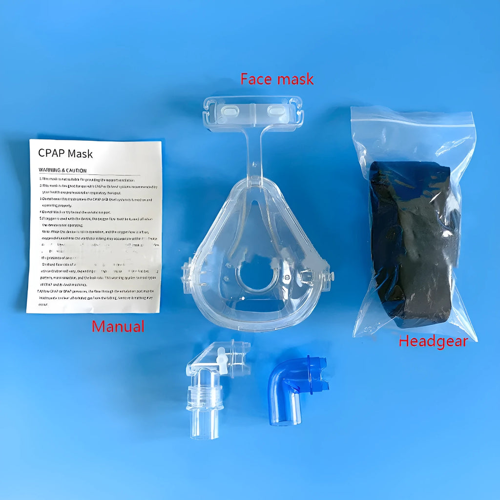 Transparent silicone CPAP breathing mask with headband and two PC adapter elbows on a white background.