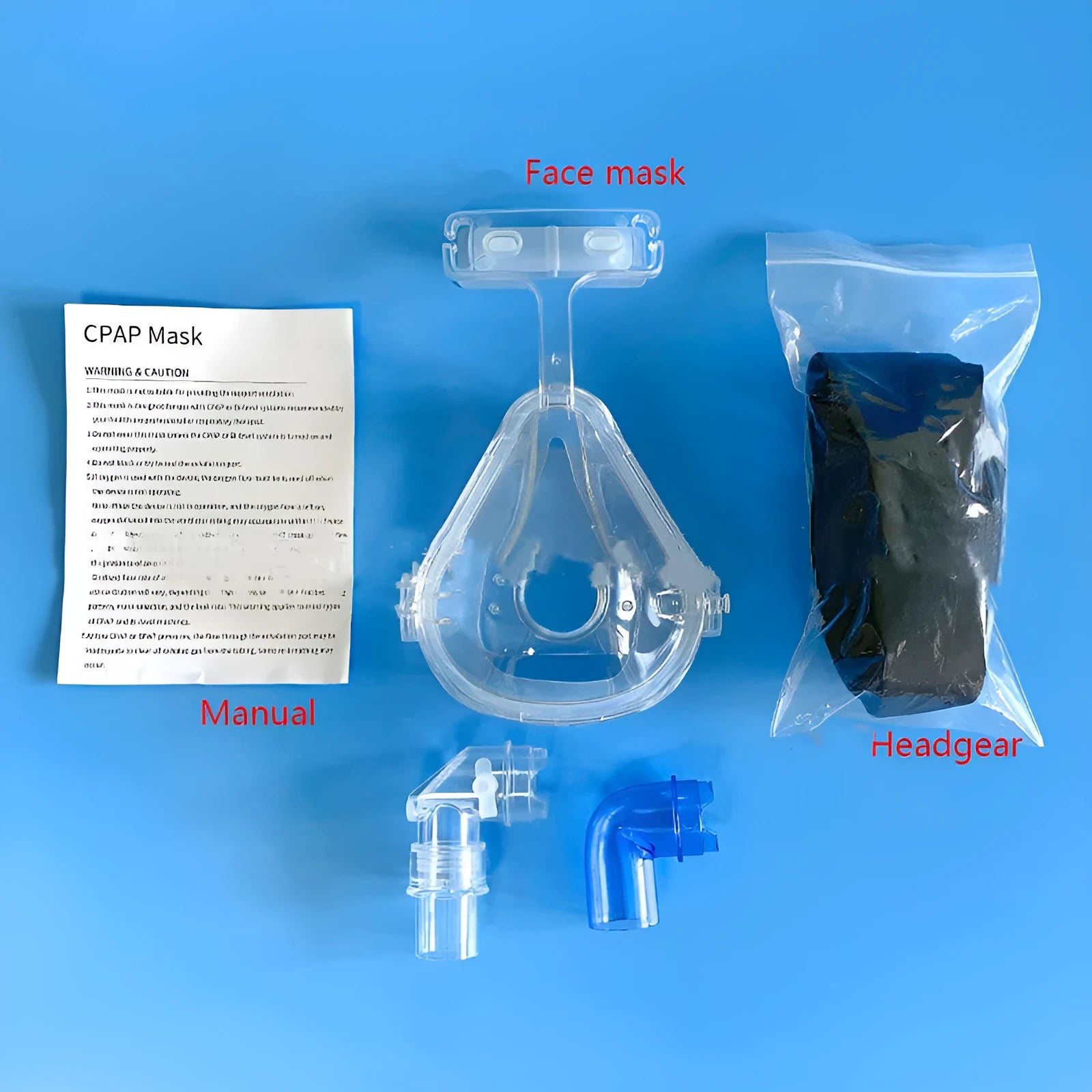Transparent silicone CPAP breathing mask with headband and two PC adapter elbows on a white background.