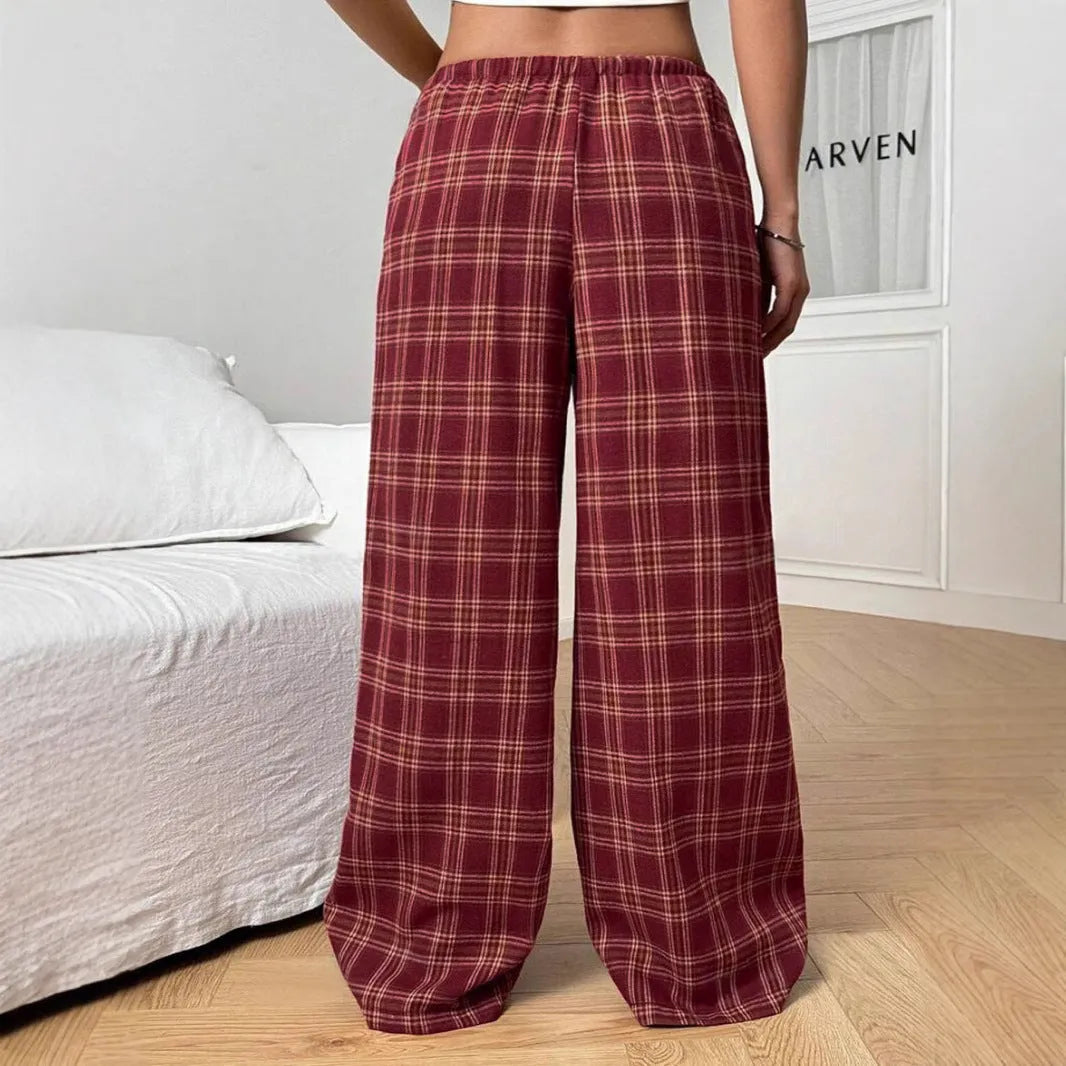 Women's plaid trousers with drawstring waist and front pockets in red colour