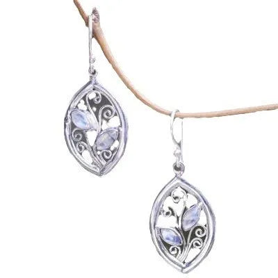 Silver-coloured alloy leaf earrings with embedded colourful moonstone gemstones for women.