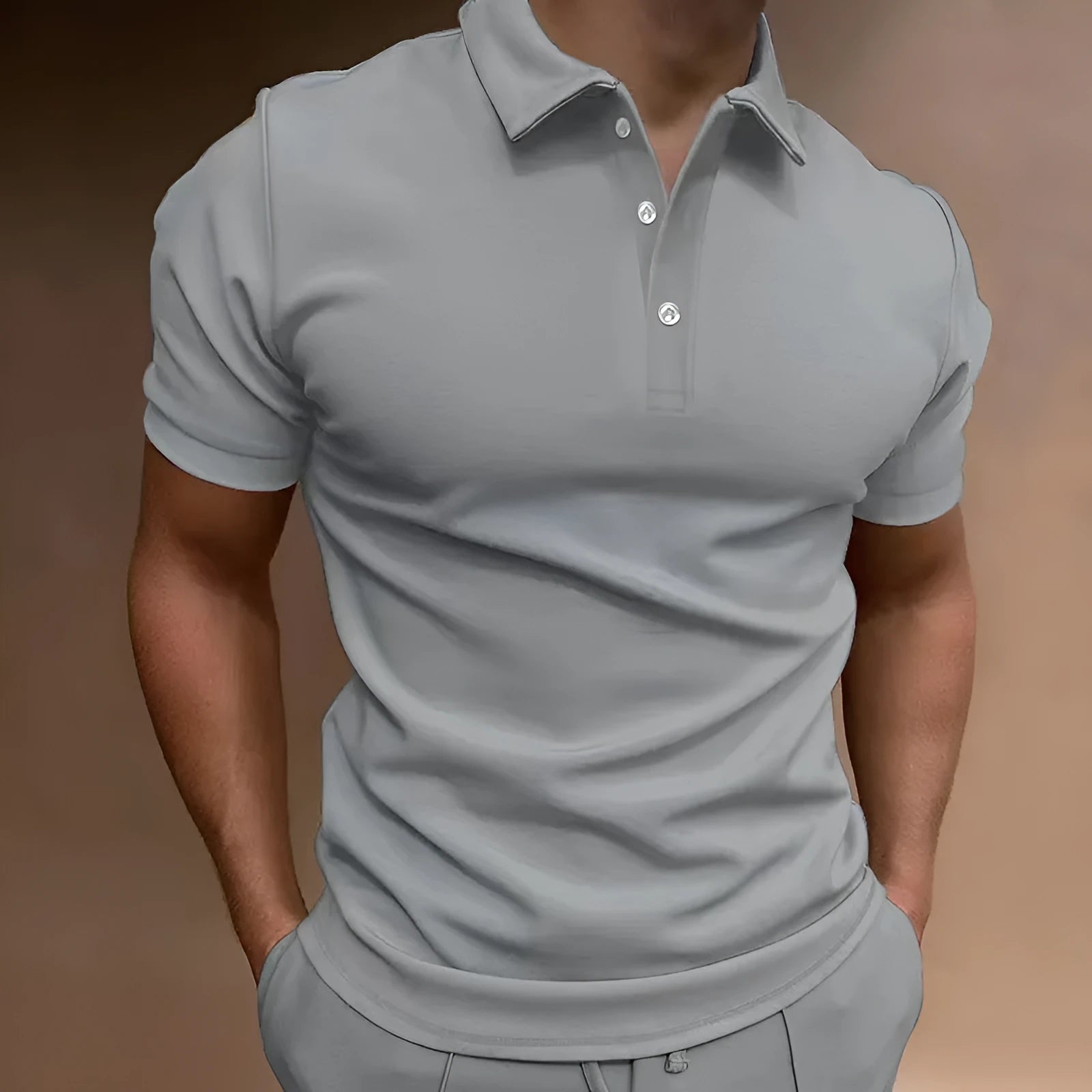 Men's loose fit cotton blend button t-shirt in multiple colours on a size chart background