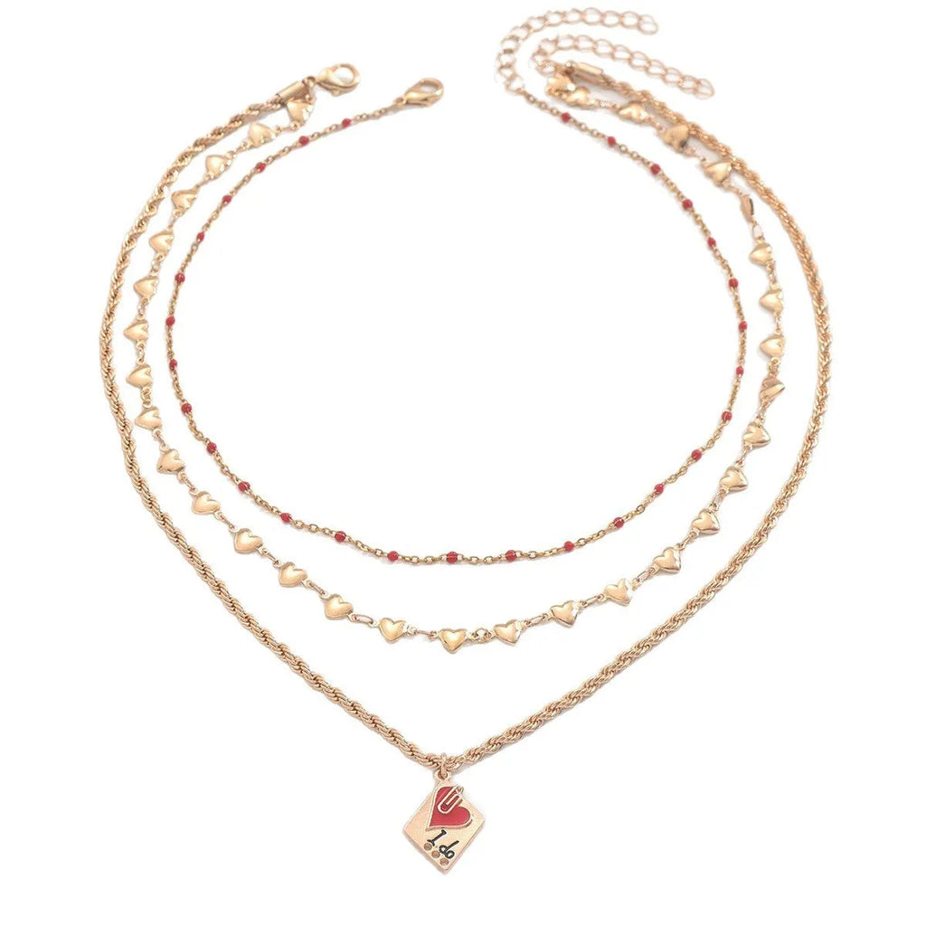 Three-layer geometric heart design clavicle chain necklace with adjustable length